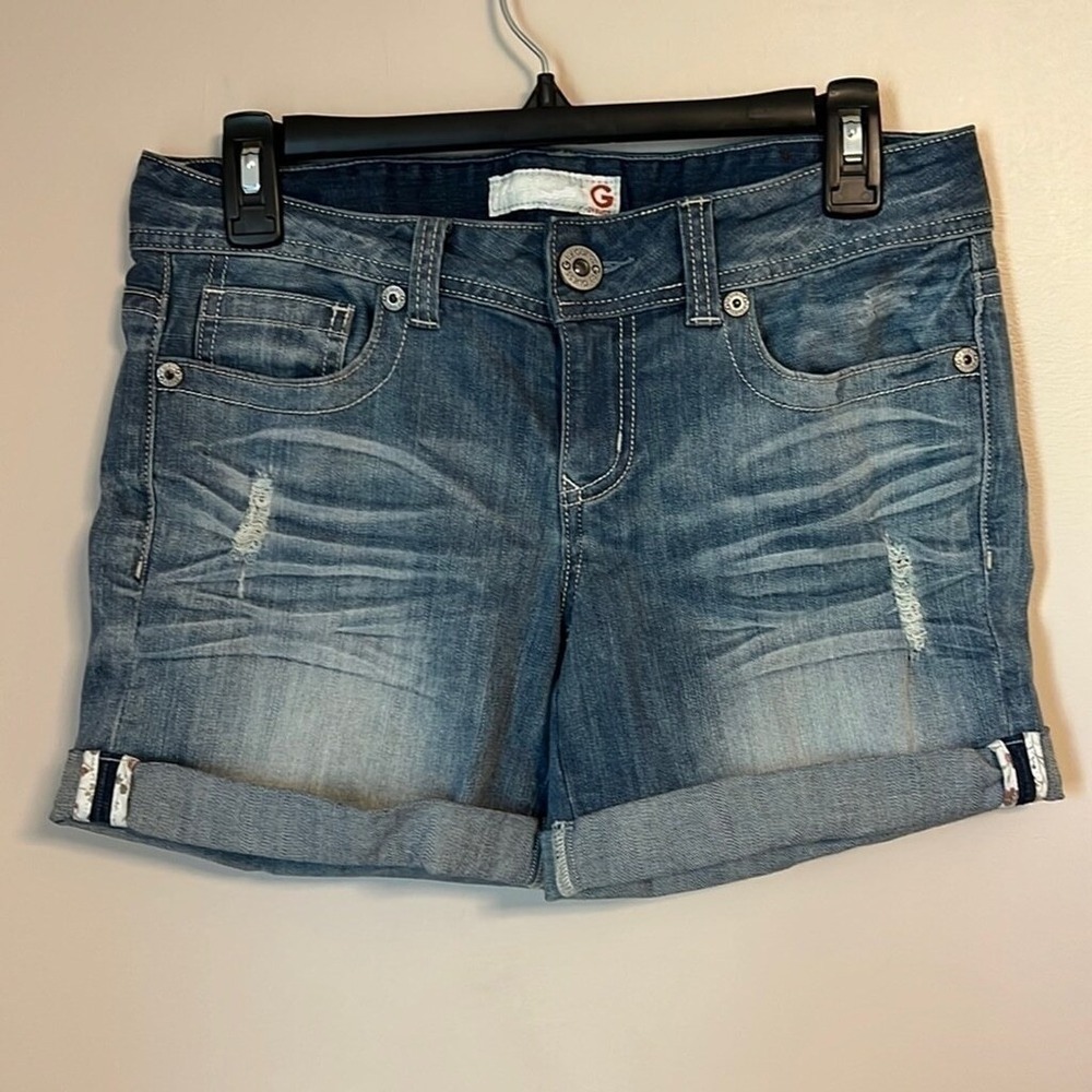 G by Guess Women Blue Denim Cuffed Distressed Jean Shorts Size‎ 27 Medium Wash